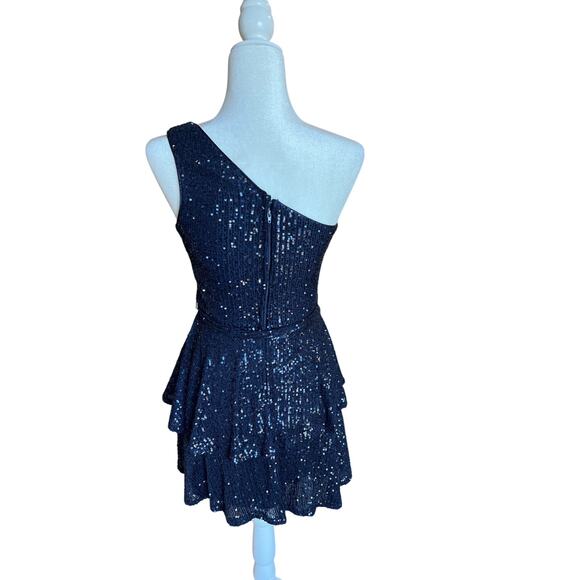 Trixxi Sequined One-Shoulder Tiered Navy Mini Dress Junior Size S Glam Dance - Picture 3 of 10